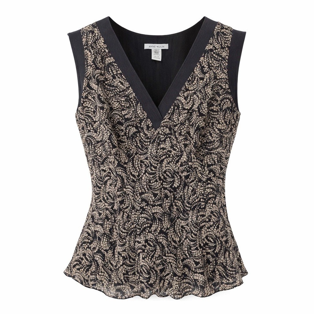 Vintage Nine West Babydoll Silk‎ Geometric Tank Top Size XL Black Brown Boho Y2K